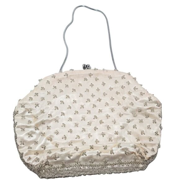 Vintage Off White Beaded Evening Formal Purse Bag Beige Metal Clasp Closure READ - Picture 4 of 12